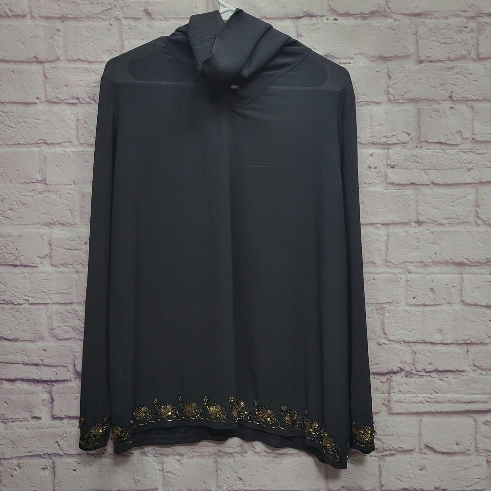 NEW ZARA Beadwork Hem Sheer Cowl Neck Blouse S Black‎ Coquette Whimsigoth Dark - Picture 2 of 11